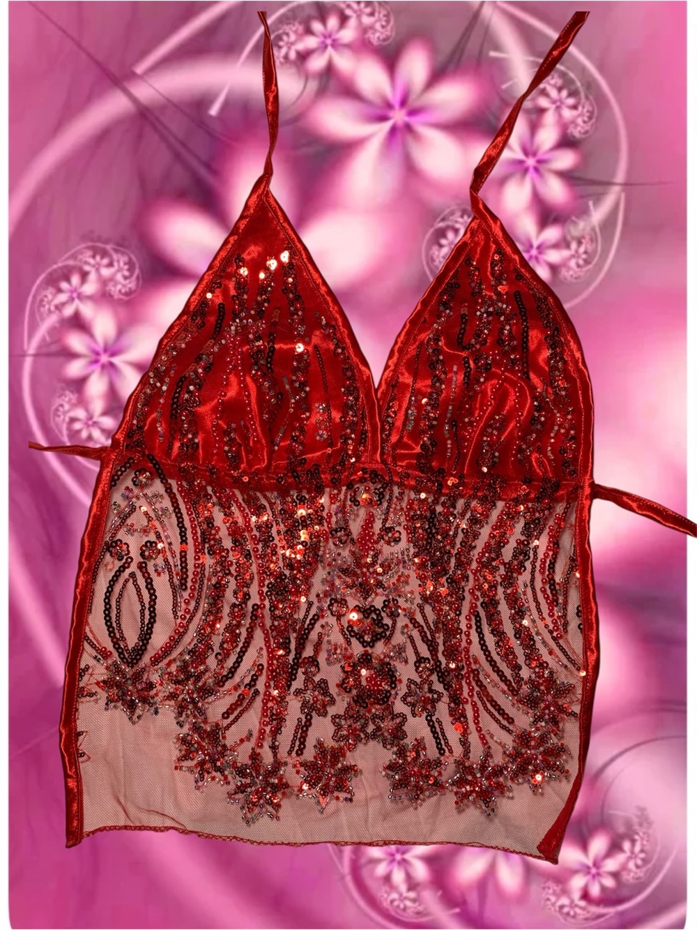 Red Y2K sheer sequin halter top